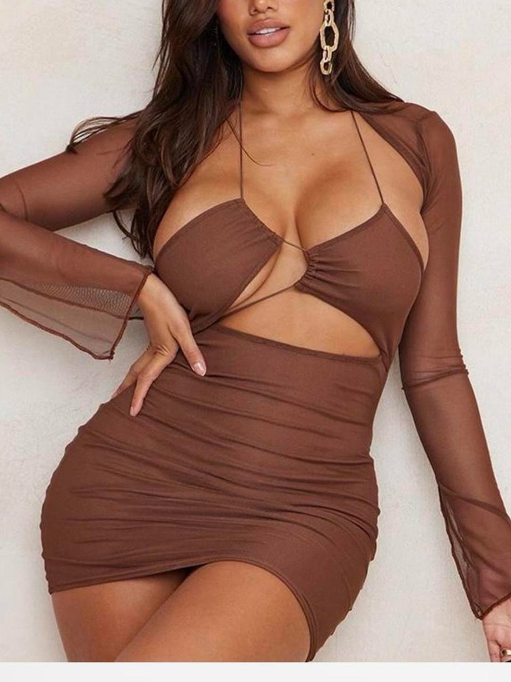 Pretty Little Thing Chocolate Brown Shape Mesh Detail Overlay Bodycon Dress